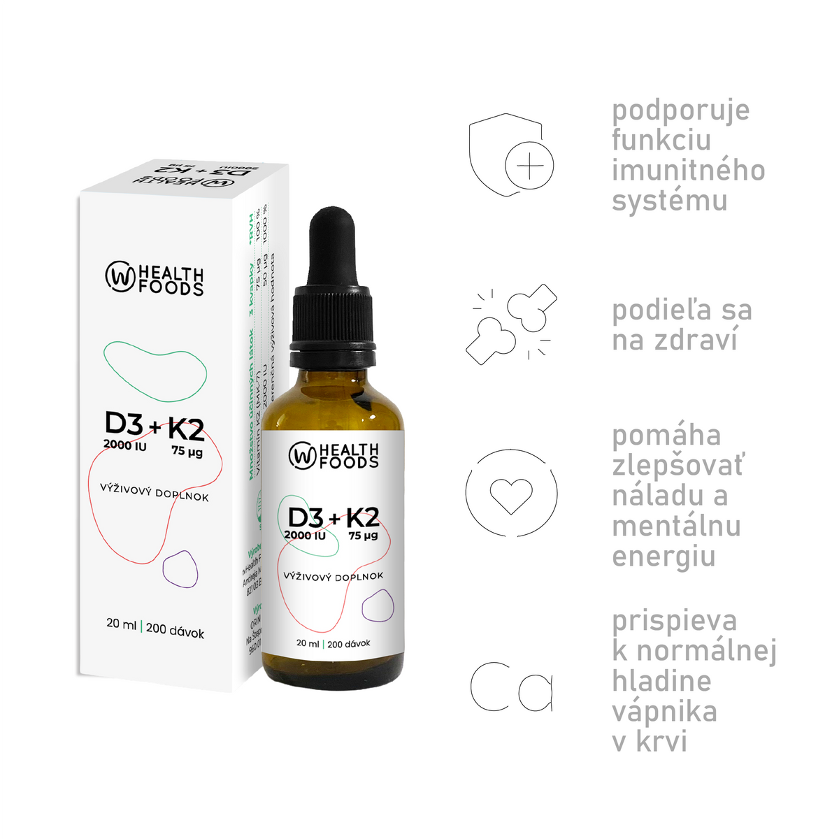 Vitamín D3 + K2, 2000 IU D3 / 75 μg K2