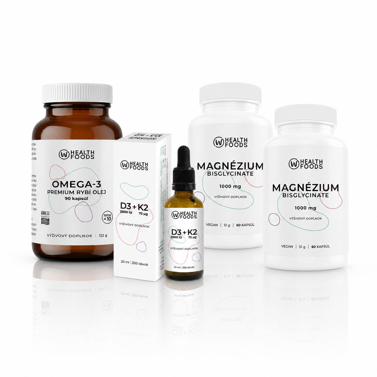 wHealth Essentials - Omega-3 MK kapsuly, Vitamín D3K2, 2x Magnézium